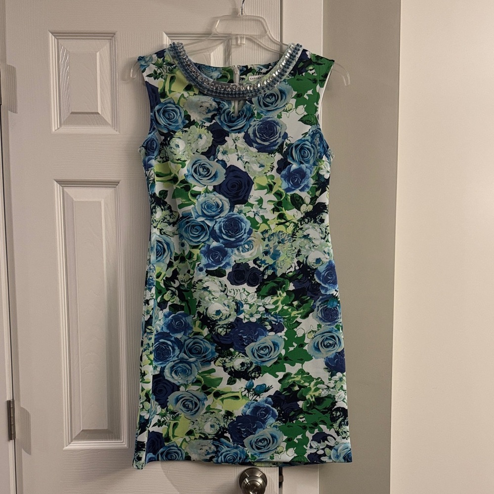 Sandra Darren Teal, Navy & Lime Floral Beaded Neckline Dress